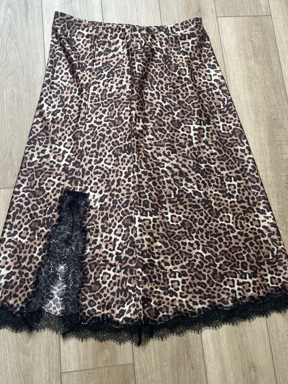 LOFT Leopard-Print Midi Skirt with Black Lace Trim